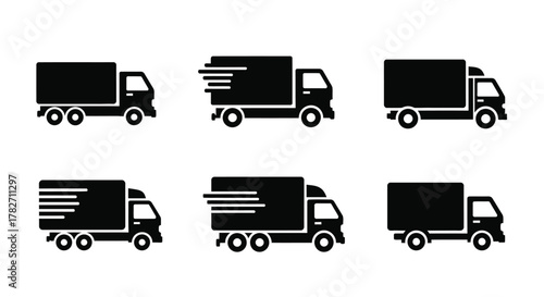 Simple black and white icons depicting various delivery and freight trucks