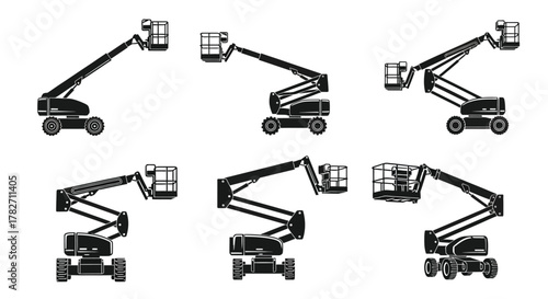 Detailed illustrations of various articulating boom lifts in black and white