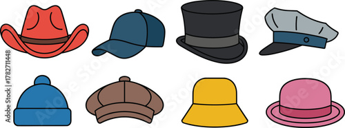 Hat collection vector, cowboy, baseball, top hat, beret, beanie, bucket, flat cap, wide brim, fashion accessory illustration