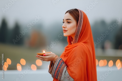 Woman in traditional bright orange clothing holds a lit Diya lamp in her hands outdoors, celebration of Diwali festival.