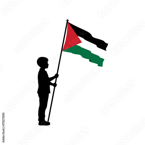 Silhouette of Child Holding Palestinian Flag – Minimalist Symbol of Youthful Solidarity and National Identity. premium vector