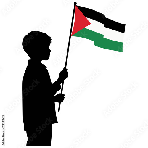 Silhouette of Child Holding Palestinian Flag – Symbolic Illustration of Hope, Identity, and Resistance.premium vector