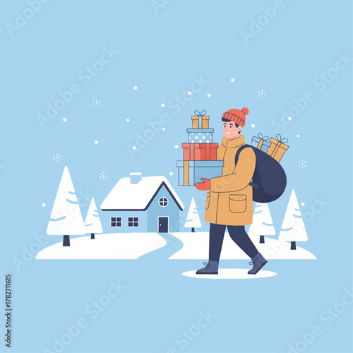 Delivery Man Carrying Winter Gifts and Packages to Customer’s Door During Snowfall in Flat Vector Illustration with Solid Background