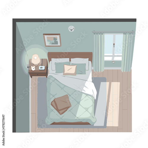 Vector layout of a senior’s bedroom with hidden smart sensors for elderly safety: motion detector, contact sensor, and Wi-Fi hub. Minimal design, peaceful mood, isolated on white background