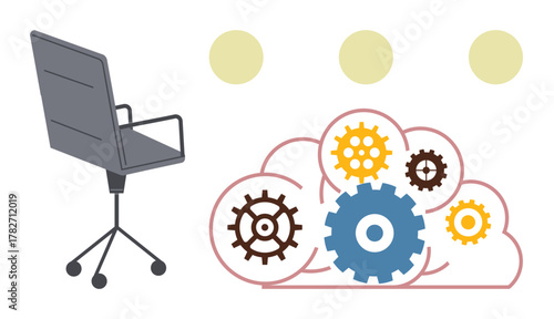 Office chair beside gears within a cloud symbolizing collaboration, automation, technology, productivity, brainstorming, workflow optimization, and innovation. Ideal for teamwork, office culture