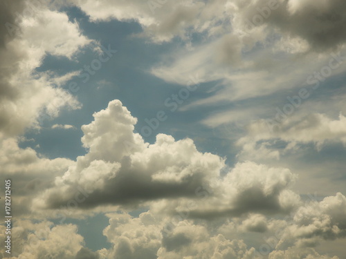 Clear blue sky with cumulus and cirrus clouds. Sunny weather. Joyful mood. High pressure. Clean air ecology. Water in a gaseous state. The source of rain and hail. Weather prediction