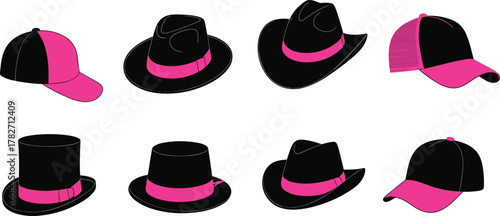 Hat collection, fashion headwear, black and pink hats, stylish accessories, vector illustration, trendy caps, fedora, cowboy, bowler, top hat