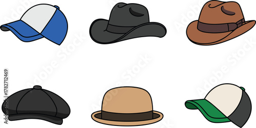 Hat collection vector illustration, baseball cap, cowboy hat, fedora, flat cap, bowler hat, fashion accessory, headwear, stylish design, cad drawing flat vector illustration