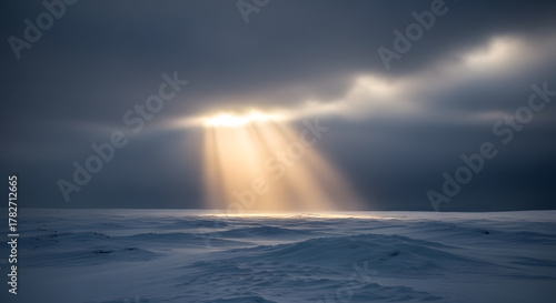 A golden beam of light piercing through heavy clouds over a snowy landscape