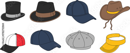 Hat collection, fashion headwear, top hat, fedora, baseball cap, cowboy hat, newsboy cap, visor, vector illustration, stylish design