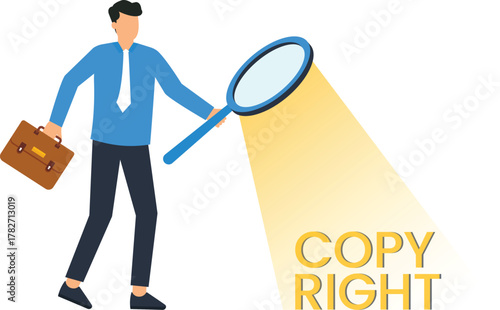 Businessman investigating copyright law intellectual property protection legal search concept patent analysis trademark ownership author rights business compliance