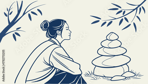 Woman in traditional clothing sitting peacefully near stacked stones under tree branches in minimalist line art style