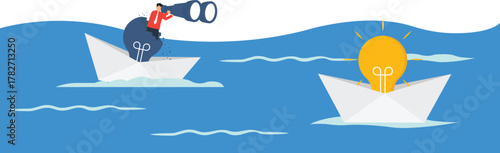 Businessman searching for new idea on paper boat. Business vision for competitive advantage and innovation concept with glowing lightbulb. Market research for business opportunity.