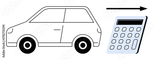 Car with sleek lines paired with straightforward calculator and directional arrow. Ideal for budgeting, automobile financing, fuel efficiency, cost analysis, business planning, rentals