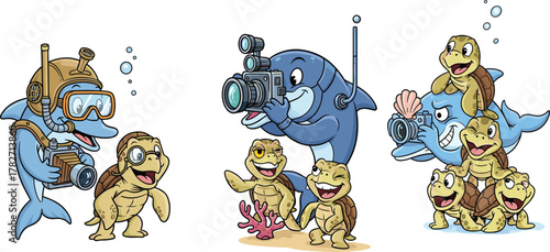 Cute cartoon dolphins taking underwater photos of happy sea turtles, adorable marine animals with cameras, fun ocean photography illustration design