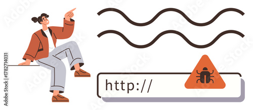 Woman gestures toward bug warning icon in a URL bar, symbolizing internet errors, malware, cybersecurity. Ideal for technology issues, online safety, web design risks, alerts, digital security
