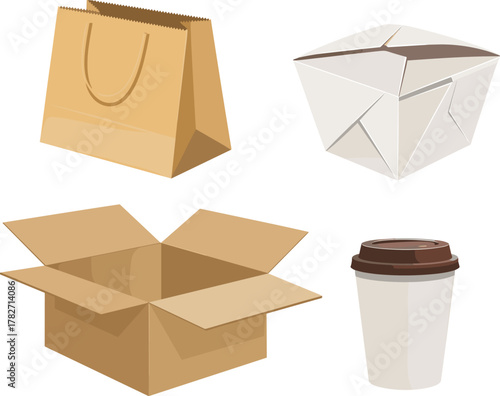 Collection of paper packaging items including cardboard box, paper bag, takeaway food container, and disposable coffee cup for eco-friendly packaging design
