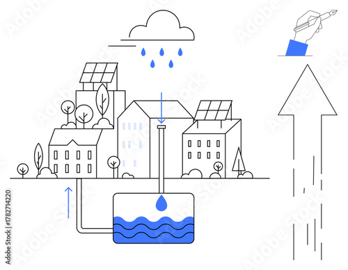 Urban buildings with solar panels and trees, rainwater collection tank, cloud, raindrops, upward arrow, and water focus. Ideal for sustainability, ecology, conservation innovation renewable energy