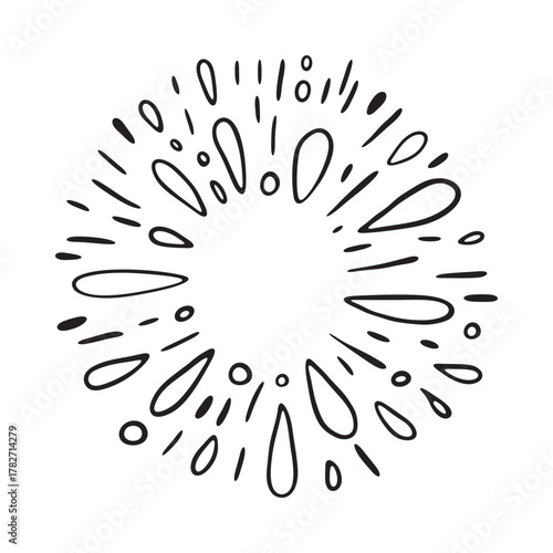 Hand-drawn burst, firework or water splash circle design. Abstract circular burst or splash made of hand-drawn teardrop and line shapes, perfect for labels, logos, or decoration