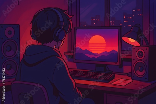 Retro digital art illustration of a person using radio technology 