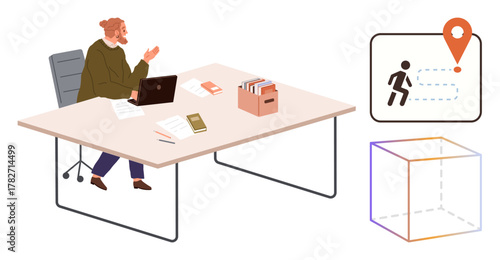 Businessman at desk with files and laptop gesturing toward navigation map and wireframe cube, suggesting planning, organization, productivity, navigation, creativity, spatial thinking