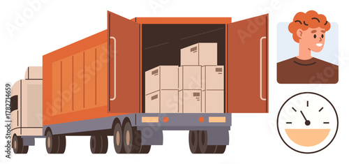 Cargo truck loaded with boxes, rear doors open. Driver portrait inset and speedometer graphic included. Ideal for logistics, transportation, delivery services, supply chain, freight, shipping