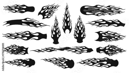 Vector illustration of collection of stylized flame and fire tribal tattoo style graphics on a white background