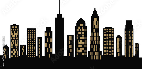 Black and tan city skyline silhouette with illuminated windows