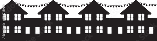 Black silhouette of row houses with string lights buildings