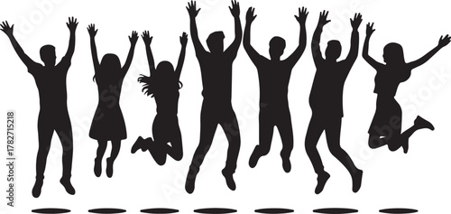 Black silhouettes of diverse people jumping with arms raised