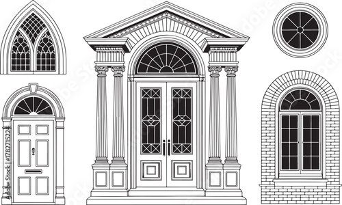 Architectural Elements Vintage Doorways and Windows Black and White Line Art Keywords: architectural elements, doorway, door, window, arch, gothic