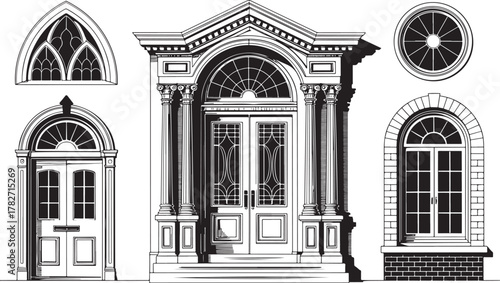 Architectural Elements Vintage Doorways and Windows Black and White Line Art Keywords: architectural elements, doorway, door, window, arch, gothic