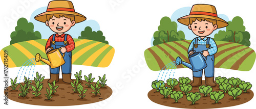 Cute cartoon farmer boy watering green plants on field, agriculture garden illustration, happy child farming and growing vegetables