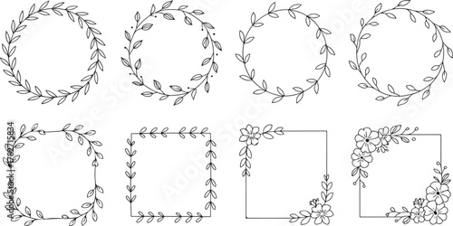 Collection of Hand- Drawn Botanical Wreaths and Square Frames Keywords: wreath, frame, botanical, floral, leaves, branches, circular, square