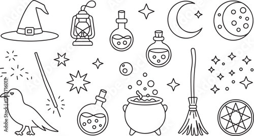 Collection of hand-drawn witch and wizard magic symbols and objects Keywords: witch hat cauldron broomstick potion bottle raven magic wand moon stars