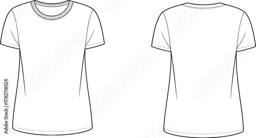 Short sleeve t-shirt front back view, crew neck design, fashion flat sketch, cad drawing, vector apparel template, technical illustration