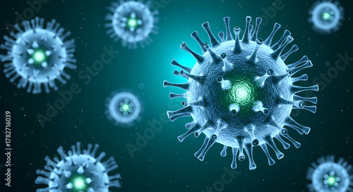 Microscopic view of pathogenic viral cells with glowing cores, representing a contagious disease or global pandemic