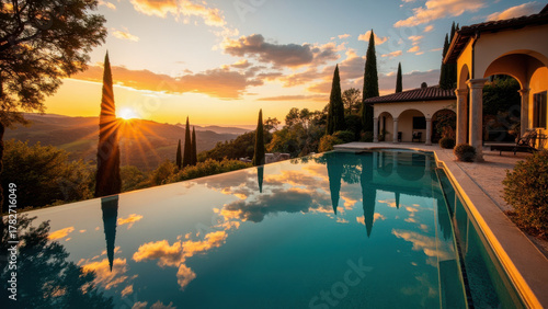 Luxury villa with infinity pool at sunset in Tuscany, Italy