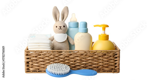 Woven basket filled with baby care items including diapers plush toy and bottles baby supplies