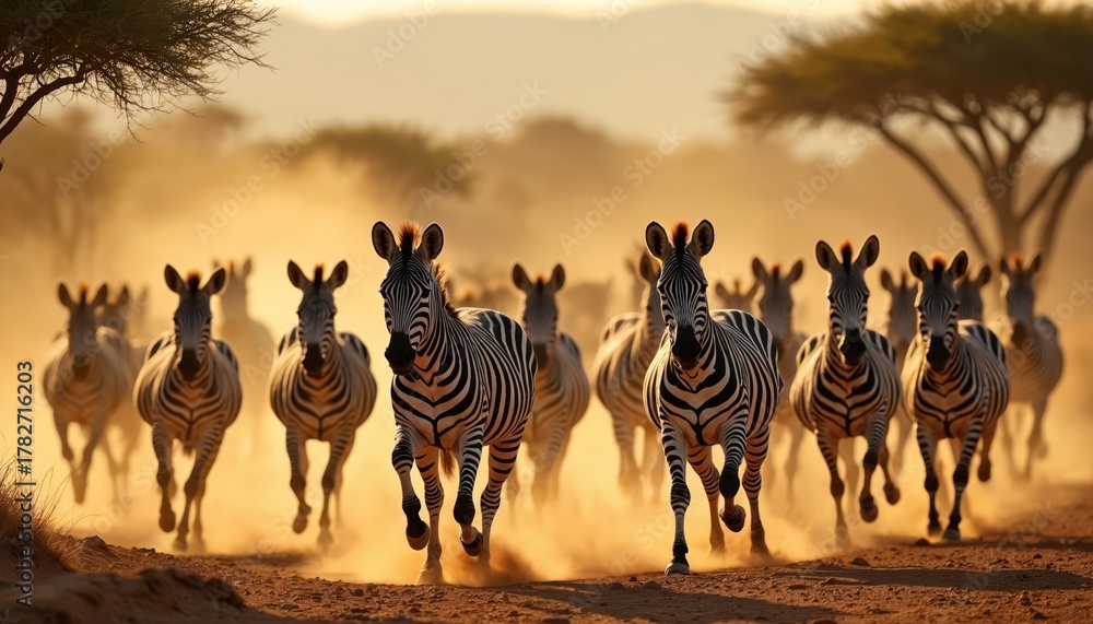 Obraz premium Herd of zebras run across dusty savanna at golden hour. Wild animals move fast on dry grass plain. Sunlight illuminates striped mammals during African safari. Nature scene.