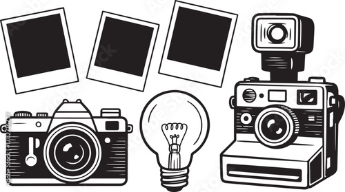 Collection of vintage cameras, instant photo prints, and a light bulb retro photography