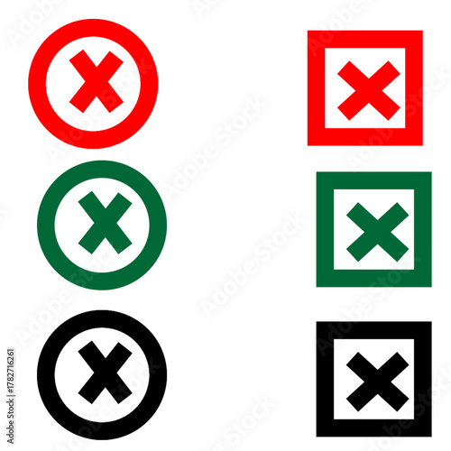 Red and green x marks in circles and squares against a black background in a simple graphic design transparent background png 