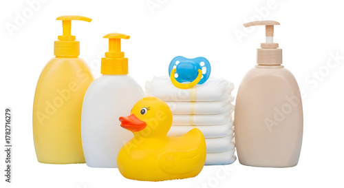 Yellow rubber duck blue pacifier stack of diapers and lotion bottles baby care baby products