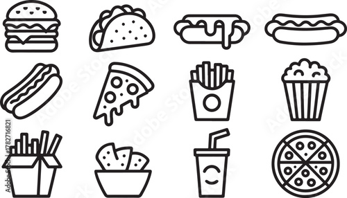 Fast Food Icons Set Hamburger Taco Hot Dog Pizza Fries Nachos Drink Keywords: fast food, icons, set, hamburger, burger, taco, hot dog, pizza, fries