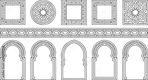 Islamic Geometric Patterns and Arches Decorative Elements Keywords: islamic, geometric, pattern, arch, architectural, decorative, ornamental, design