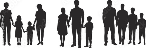 Silhouette set of diverse family groups in various poses, showing parent-child relationships, unity, bonding, and everyday family interaction scenes
