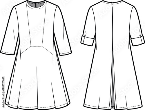 Princess seam dress, A-line silhouette, fashion cad drawing, technical flat sketch, garment design, vector illustration, sewing pattern, apparel template