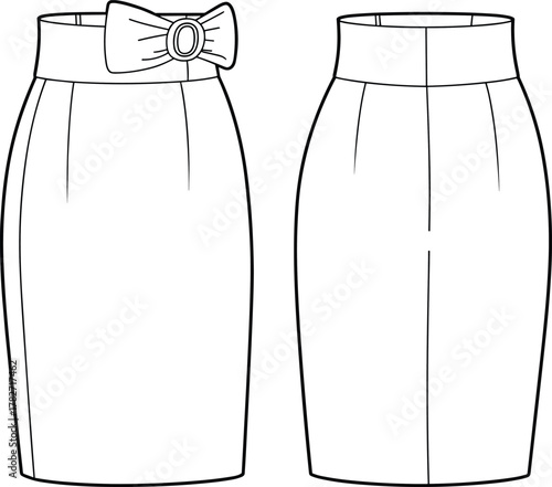Pencil skirt technical sketch, decorative bow detail, high waist design, fashion flat vector, CAD drawing garment construction illustration