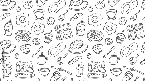 Seamless Pattern of Hand Drawn Breakfast Food Items Keywords: breakfast, food, doodle, pattern, seamless, hand drawn, pancake, waffle, toast, egg