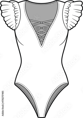 Puff sleeve bodysuit, lace-up neckline, fashion cad drawing, technical flat sketch, garment template, vector illustration, sewing pattern, apparel design